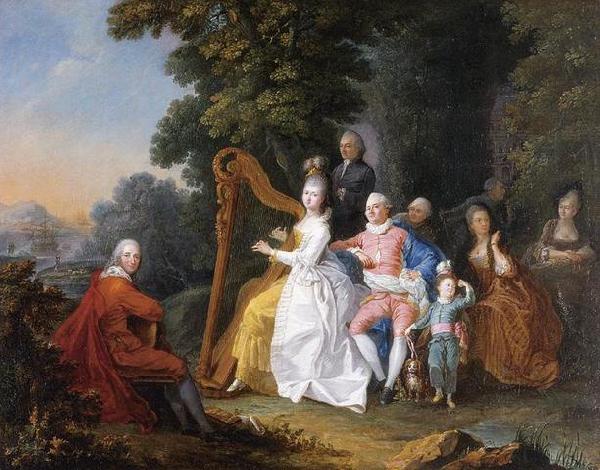 unknow artist An elegant party in the countryside with a lady playing the harp and a gentleman playing the guitar oil painting image